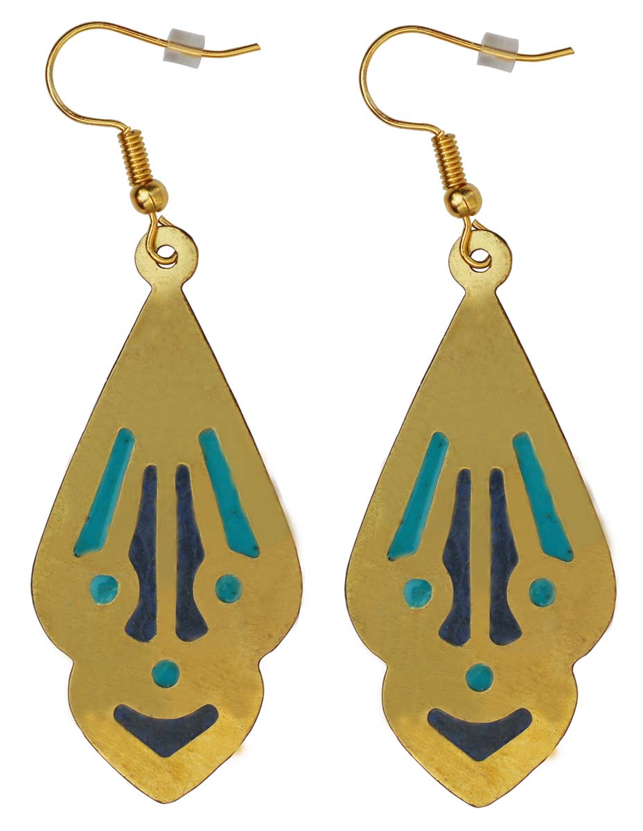 2.4” Brass Hook Earrings with Blue Enameled Pattern on Golden - Drop Earrings / Accessories for Her - Buy in Bulk Wholesale